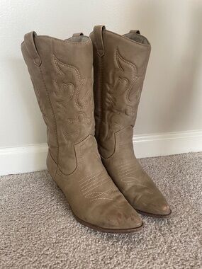 Soda Women’s Taupe Faux Leather Western Boots - Stylish Cowboy Knee-High
